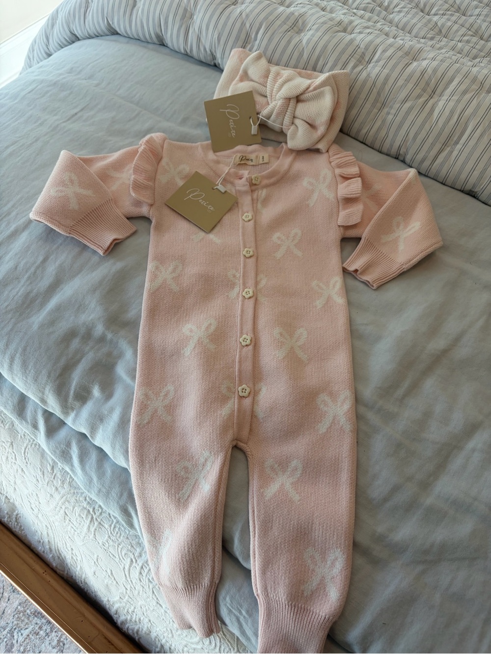 Baby Pink Bow Knit One-Piece with Matching Headband